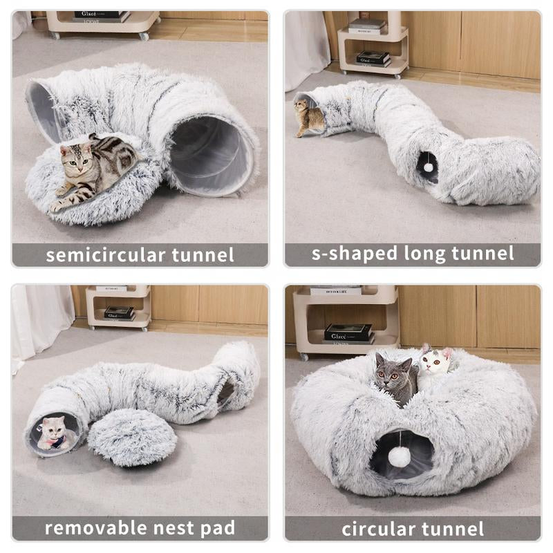 Winter Warm Fluffy Plush Cat Tunnel Bed,Under Christmas 2 in 1 Foldable Cat Tunnel Cat Bed, Warm Plush Cat Bed with Hanging Ball Foldable Dog Adjustable Sliding Bed Elevated Bed Pet Play and Training Set Breathable Elevated Cooling Dog Bed