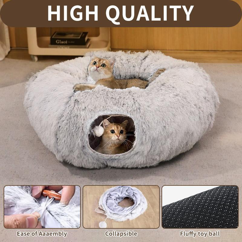 Winter Warm Fluffy Plush Cat Tunnel Bed,Under Christmas 2 in 1 Foldable Cat Tunnel Cat Bed, Warm Plush Cat Bed with Hanging Ball Foldable Dog Adjustable Sliding Bed Elevated Bed Pet Play and Training Set Breathable Elevated Cooling Dog Bed