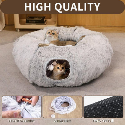 Winter Warm Fluffy Plush Cat Tunnel Bed,Under Christmas 2 in 1 Foldable Cat Tunnel Cat Bed, Warm Plush Cat Bed with Hanging Ball Foldable Dog Adjustable Sliding Bed Elevated Bed Pet Play and Training Set Breathable Elevated Cooling Dog Bed