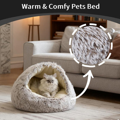 Cat Bed round Plush Fluffy Hooded Cat Bed Cave, Cozy for Indoor Cats or Small Dog Beds, Machine-Washable Cat Bed as a Christmas Gift for the Pet, Thanksgiving & Halloween Gifts for Cat & Dogs Lovers Fluffy Cloud Bed