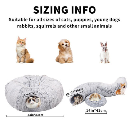 Winter Warm Fluffy Plush Cat Tunnel Bed,Under Christmas 2 in 1 Foldable Cat Tunnel Cat Bed, Warm Plush Cat Bed with Hanging Ball Foldable Dog Adjustable Sliding Bed Elevated Bed Pet Play and Training Set Breathable Elevated Cooling Dog Bed