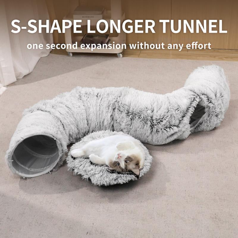 Winter Warm Fluffy Plush Cat Tunnel Bed,Under Christmas 2 in 1 Foldable Cat Tunnel Cat Bed, Warm Plush Cat Bed with Hanging Ball Foldable Dog Adjustable Sliding Bed Elevated Bed Pet Play and Training Set Breathable Elevated Cooling Dog Bed